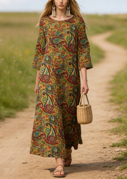 Plus Size O Neck Print Cotton Long Dresses Summer