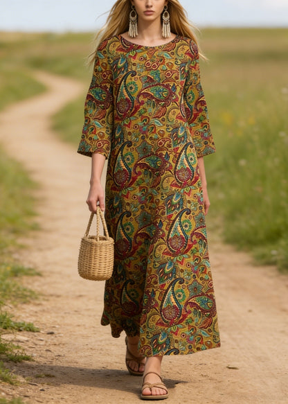 Plus Size O Neck Print Cotton Long Dresses Summer