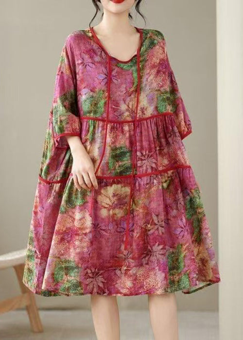 Plus Size O Neck Print Patchwork Cotton Mid Dress Summer