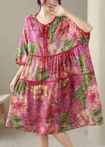 Plus Size O Neck Print Patchwork Cotton Mid Dress Summer