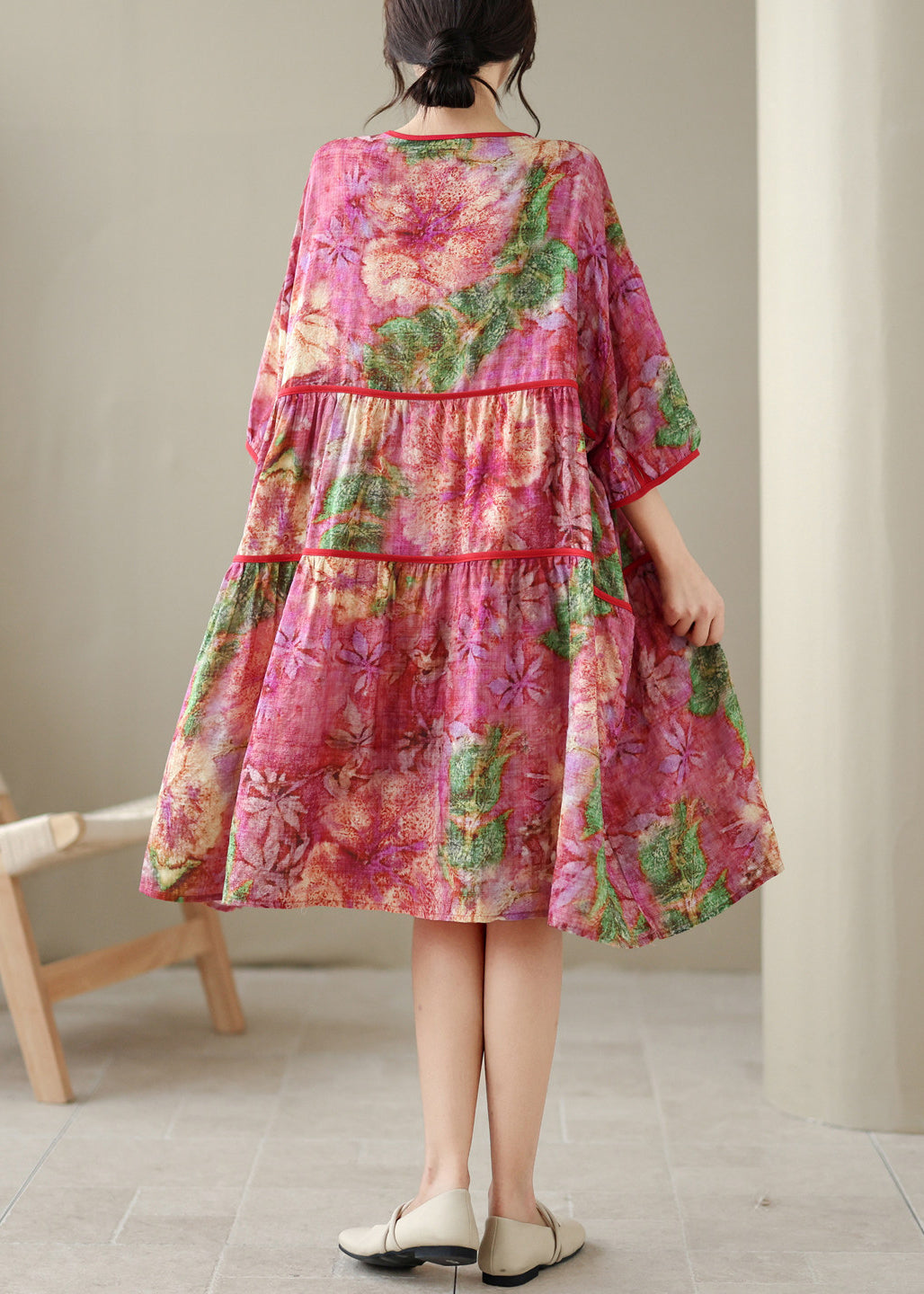 Plus Size O Neck Print Patchwork Cotton Mid Dress Summer