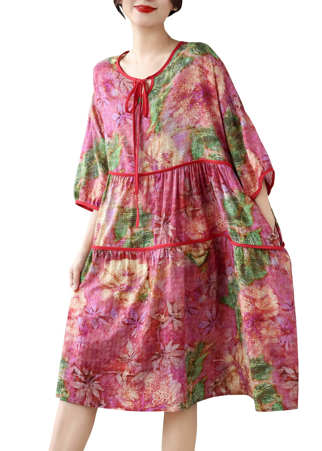 Plus Size O Neck Print Patchwork Cotton Mid Dress Summer