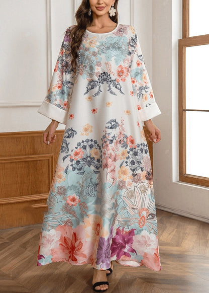 Plus Size O-Neck Print Zircon Maxi Dresses Fall