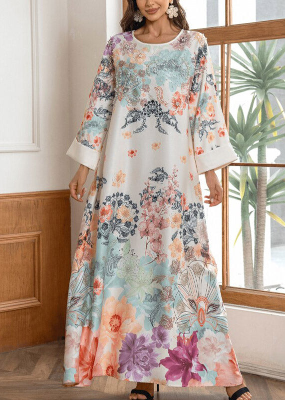 Plus Size O-Neck Print Zircon Maxi Dresses Fall