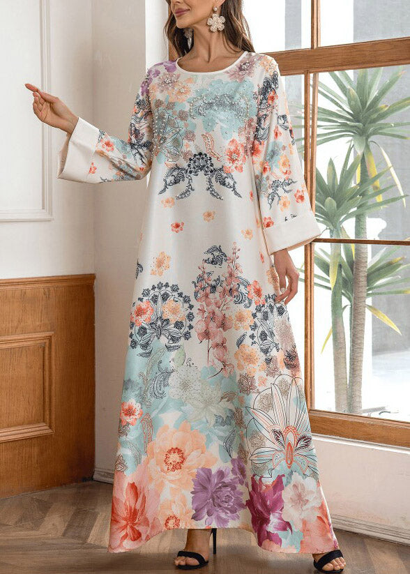 Plus Size O-Neck Print Zircon Maxi Dresses Fall
