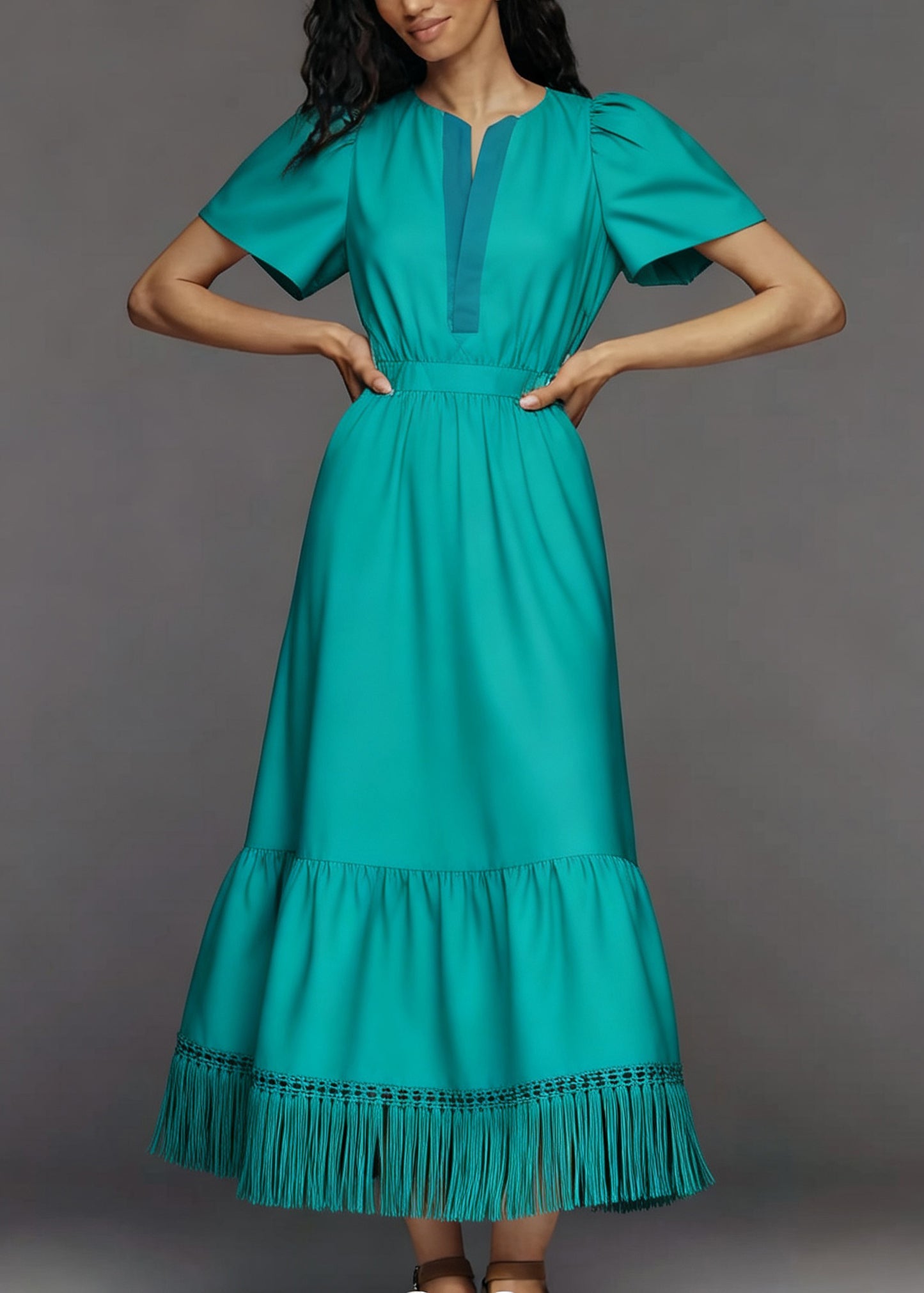 Plus Size O Neck Tassel Patchwork Cotton Ankle Dress Summer