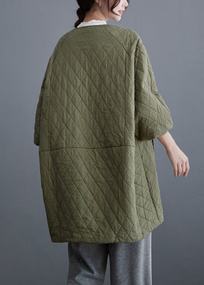 Plus Size Olive Green Button Pockets Cotton Filled Parka Batwing Sleeve