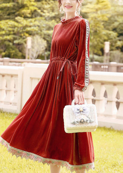 Plus Size Orange Cinched Patchwork Lace Silk Velour Long Dress Spring