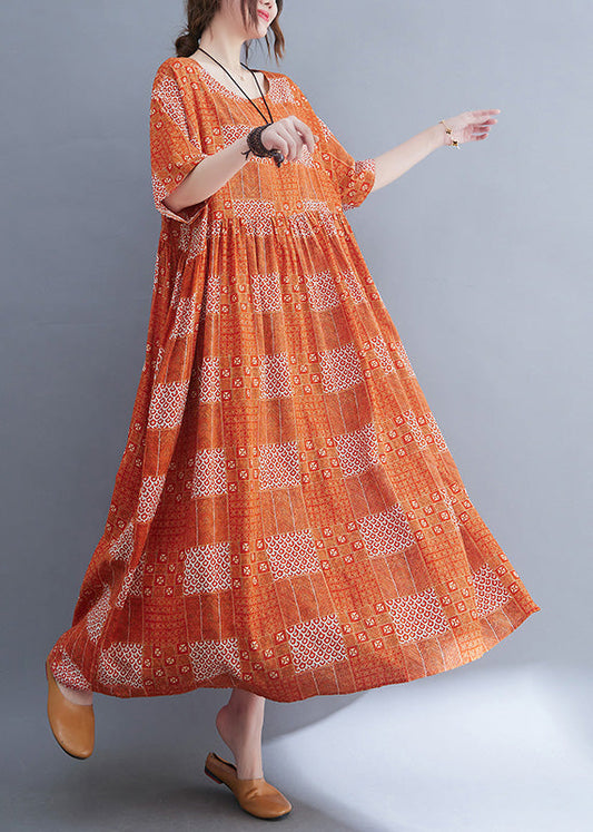 Plus Size Orange O-Neck Patchwork Wrinkled Party Maxi Dress Summer