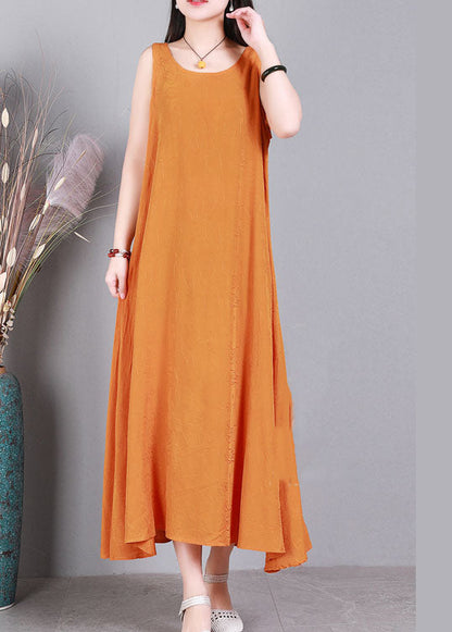 Plus Size Orange O-Neck Solid Color Linen Long Dress Sleeveless