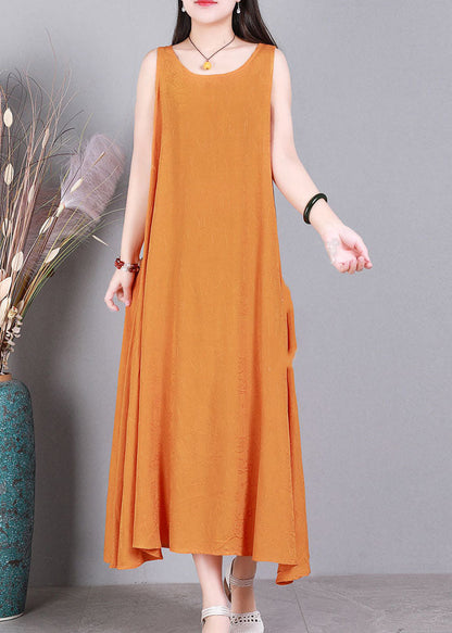 Plus Size Orange O-Neck Solid Color Linen Long Dress Sleeveless