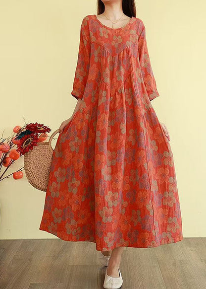 Plus Size Orange Oversized Print Cotton Long Dress Bracelet Sleeve