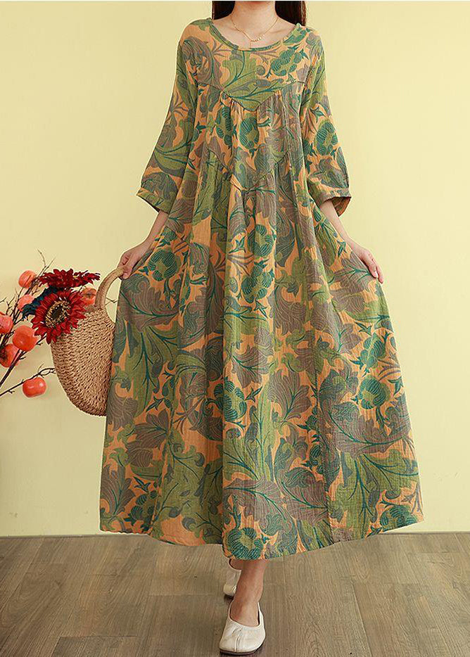 Plus Size Orange Oversized Print Cotton Long Dress Bracelet Sleeve