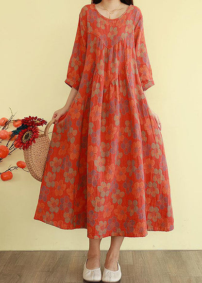 Plus Size Orange Oversized Print Cotton Long Dress Bracelet Sleeve