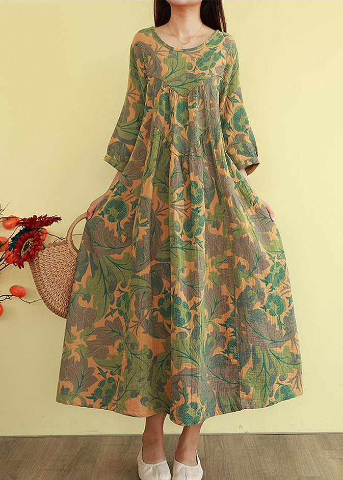 Plus Size Orange Oversized Print Cotton Long Dress Bracelet Sleeve