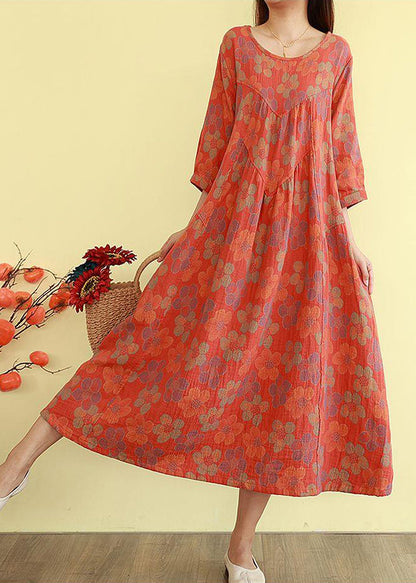 Plus Size Orange Oversized Print Cotton Long Dress Bracelet Sleeve