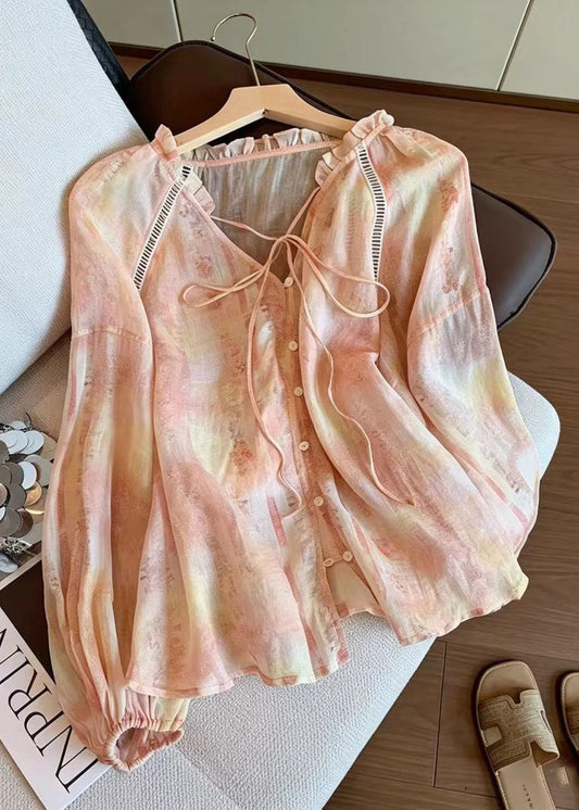 Plus Size Orange Oversized Print Cotton Shirt Top Summer