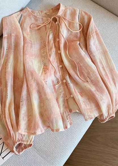 Plus Size Orange Oversized Print Cotton Shirt Top Summer