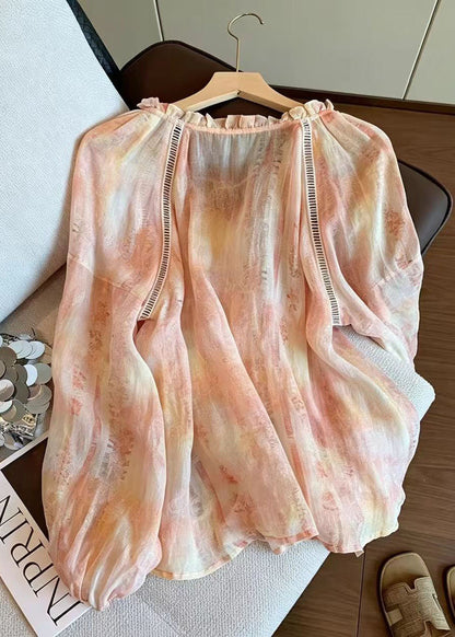 Plus Size Orange Oversized Print Cotton Shirt Top Summer