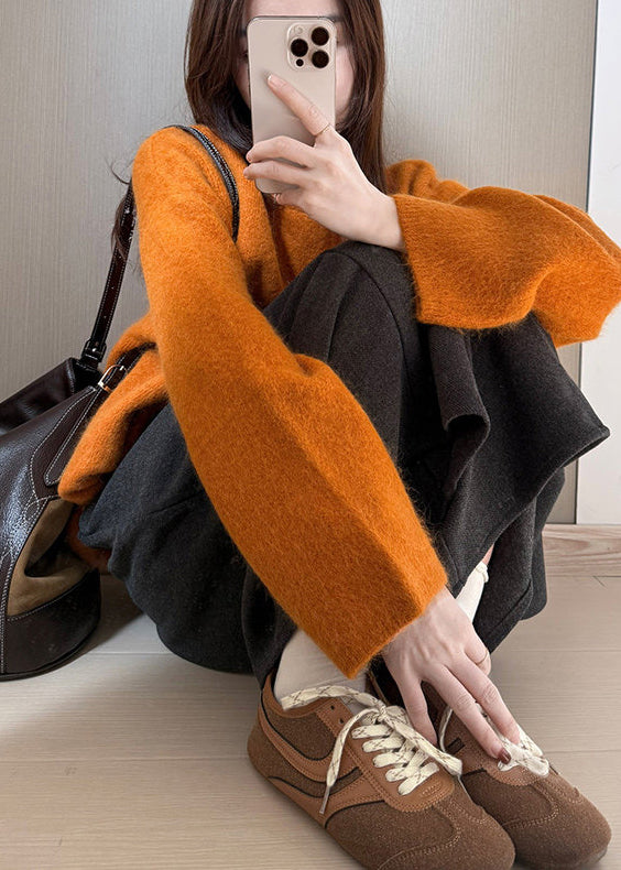 Plus Size Orange Oversized Warm Knit Sweater Tops Winter