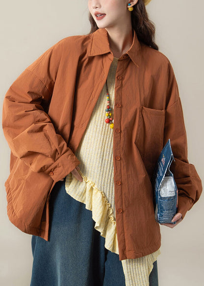 Plus Size Orange Peter Pan Collar Pockets Cotton Filled Coats Spring