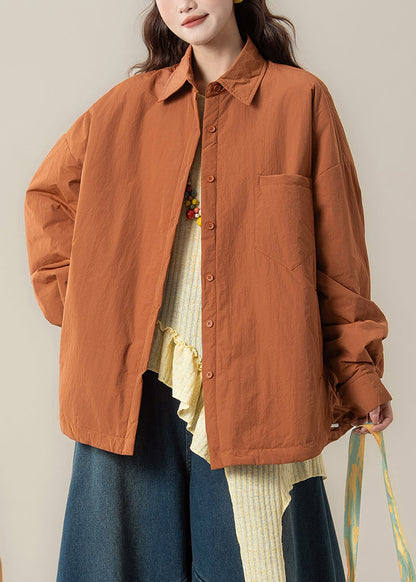 Plus Size Orange Peter Pan Collar Pockets Cotton Filled Coats Spring