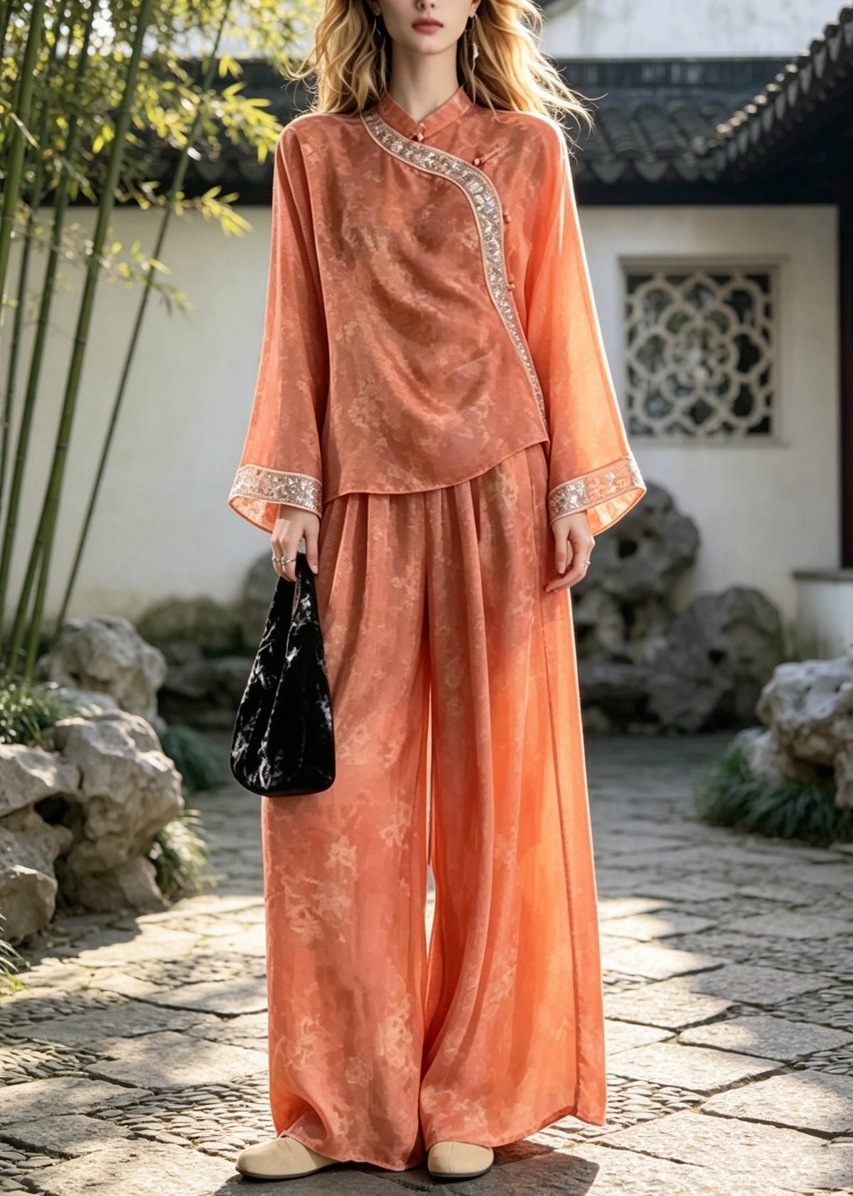 Plus Size Orange Print Chinese Style Silk Two Pieces Set Fall