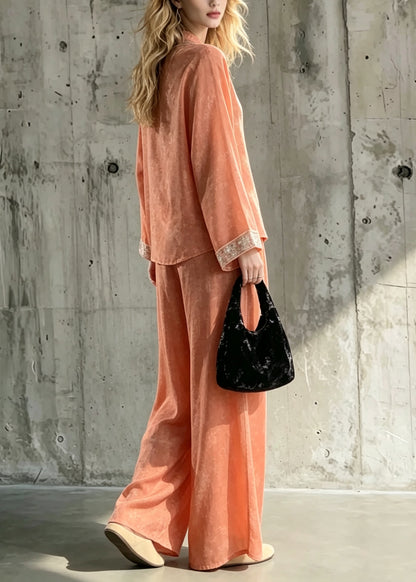 Plus Size Orange Print Chinese Style Silk Two Pieces Set Fall