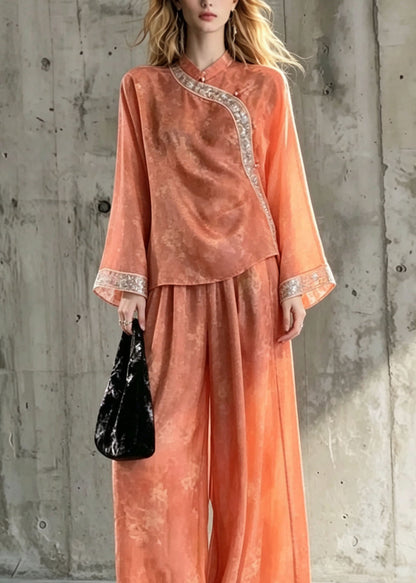 Plus Size Orange Print Chinese Style Silk Two Pieces Set Fall