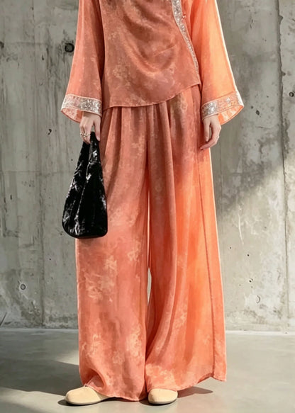 Plus Size Orange Print Chinese Style Silk Two Pieces Set Fall