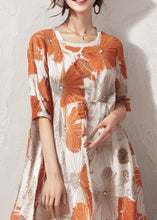 Load image into Gallery viewer, Plus Size Orange Print High Waist Cotton Dresses Half Sleeve