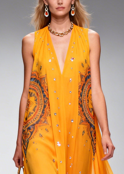 Plus Size Orange Print Rhinestone Sparkly Chiffon Holiday Dress Summer