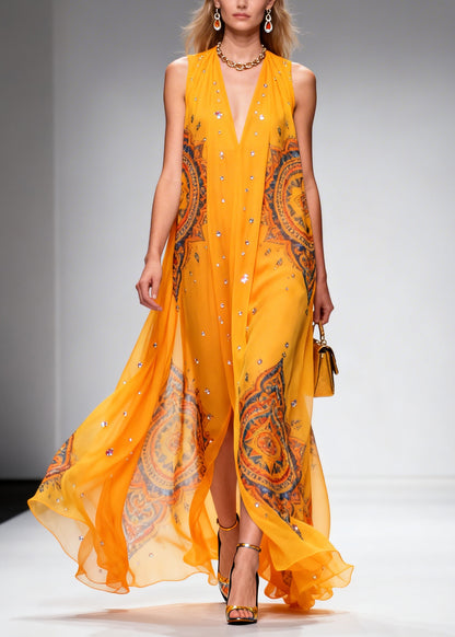 Plus Size Orange Print Rhinestone Sparkly Chiffon Holiday Dress Summer