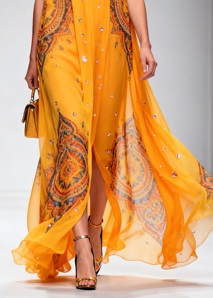 Plus Size Orange Print Rhinestone Sparkly Chiffon Holiday Dress Summer