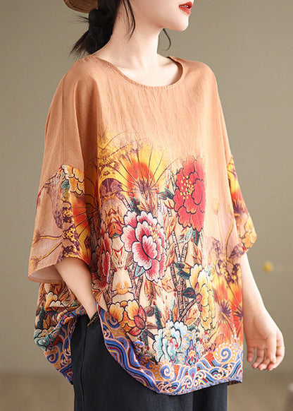 Plus Size Orange Print T Shirt Summer