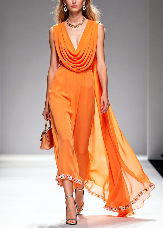 Plus Size Orange Turtle Neck Lace Patchwork Chiffon Dress Summer