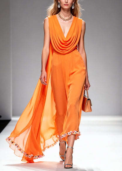 Plus Size Orange Turtle Neck Lace Patchwork Chiffon Dress Summer