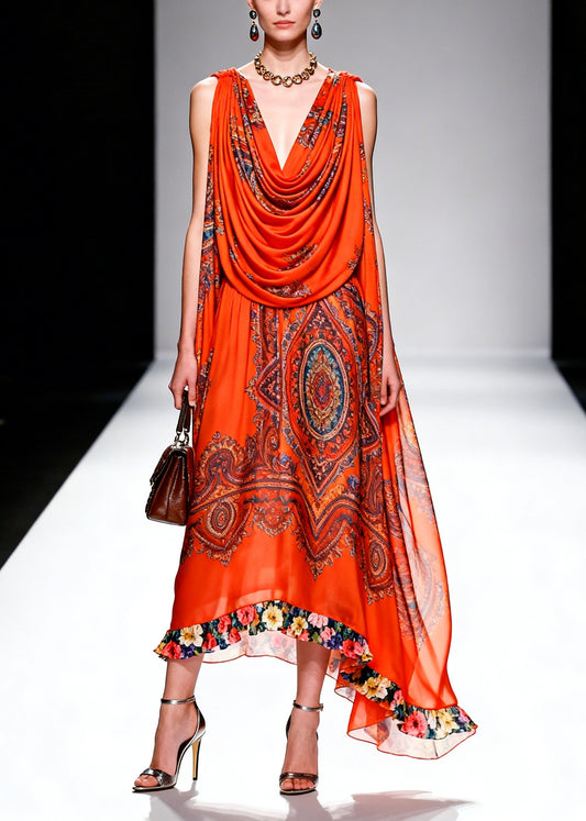 Plus Size Orange Turtle Neck Print Chiffon Robe Dresses Summer