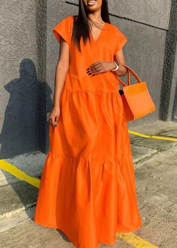 Plus Size Orange V Neck Patchwork Long Dress Summer