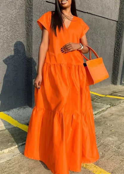 Plus Size Orange V Neck Patchwork Long Dress Summer