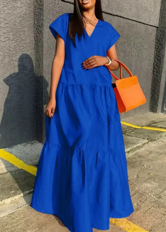 Plus Size Orange V Neck Patchwork Long Dress Summer