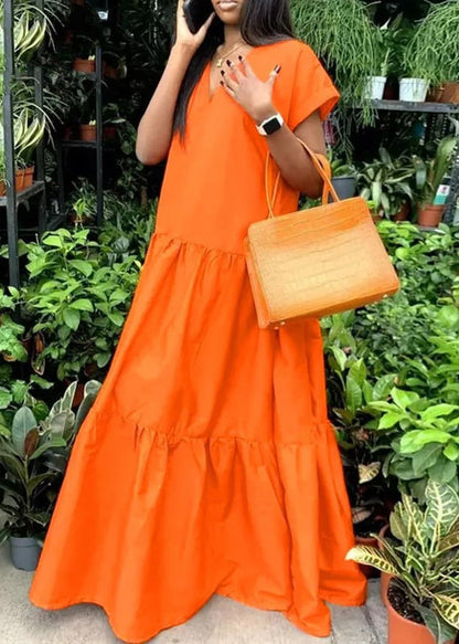 Plus Size Orange V Neck Patchwork Long Dress Summer