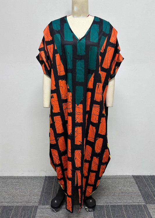 Plus Size Orange V Neck Plaid Holiday Long Dress Summer