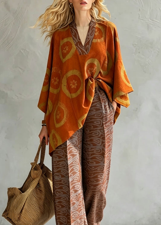 Plus Size Orange V Neck Print Cotton Two Pieces Set Batwing Sleeve