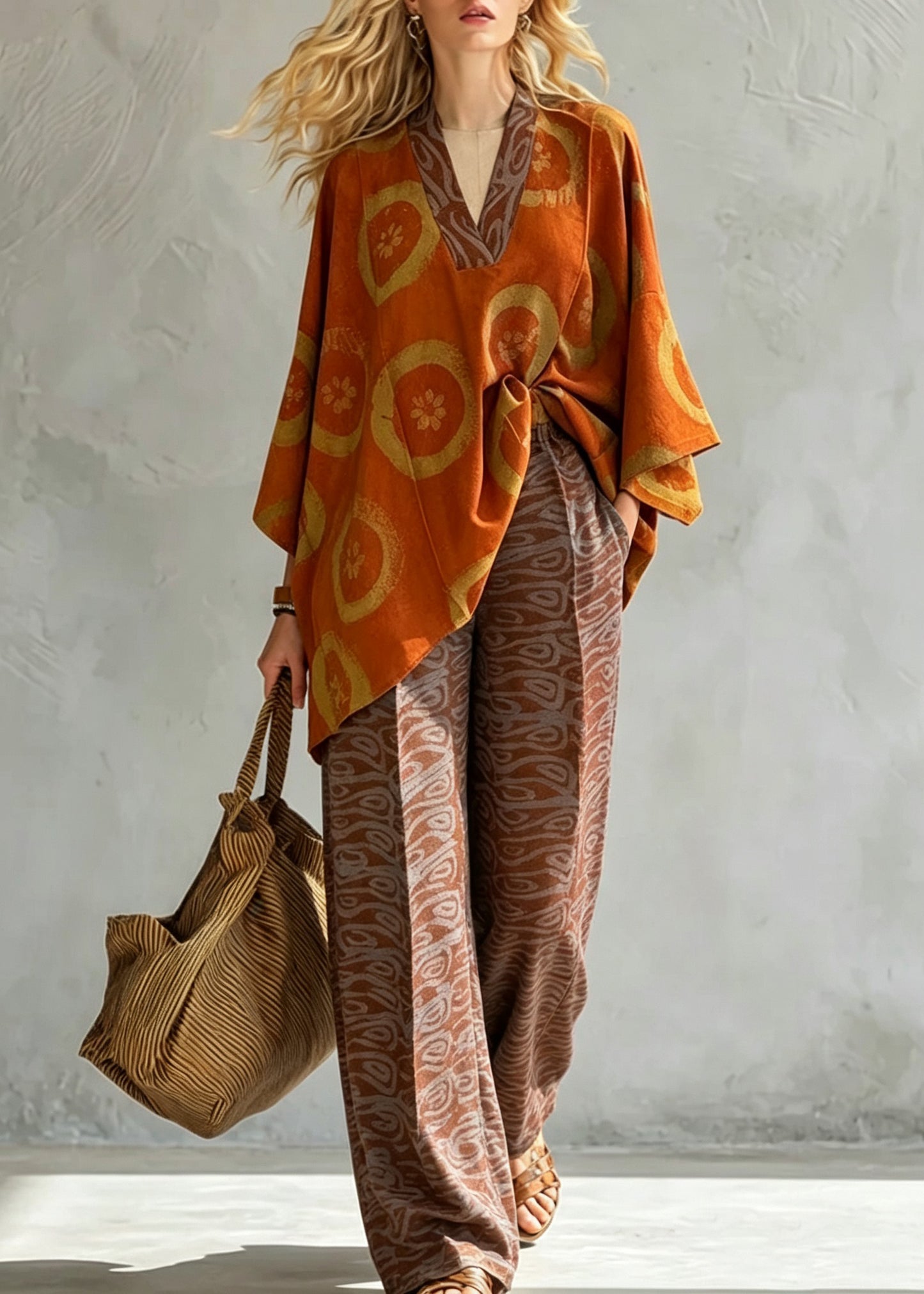 Plus Size Orange V Neck Print Cotton Two Pieces Set Batwing Sleeve