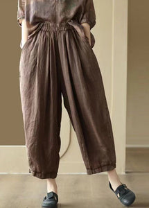 Plus Size Original Coffee Pockets Elastic Waist Linen Crop Pants Summer