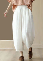 Plus Size Original Coffee Pockets Elastic Waist Linen Crop Pants Summer