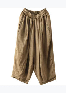Plus Size Original Coffee Pockets Elastic Waist Linen Crop Pants Summer