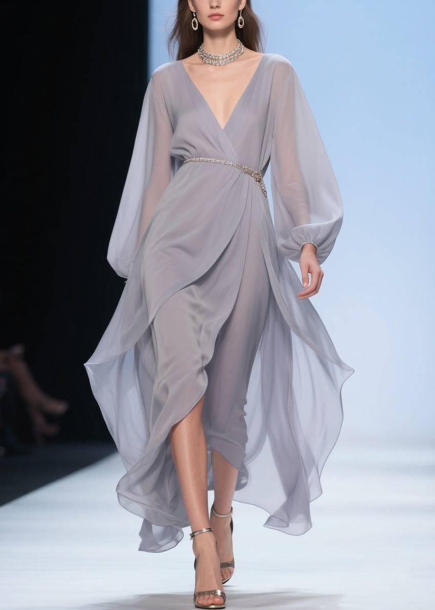 Plus Size Pale Smoggy Gray V Neck High Waist Solid Chiffon Dress Spring