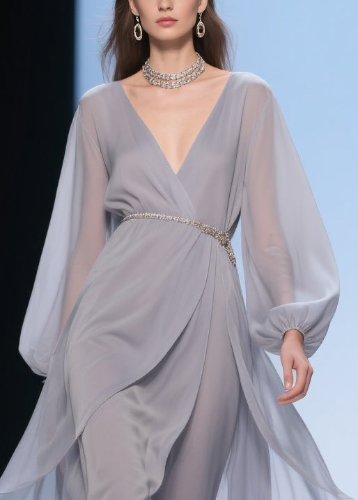 Plus Size Pale Smoggy Gray V Neck High Waist Solid Chiffon Dress Spring